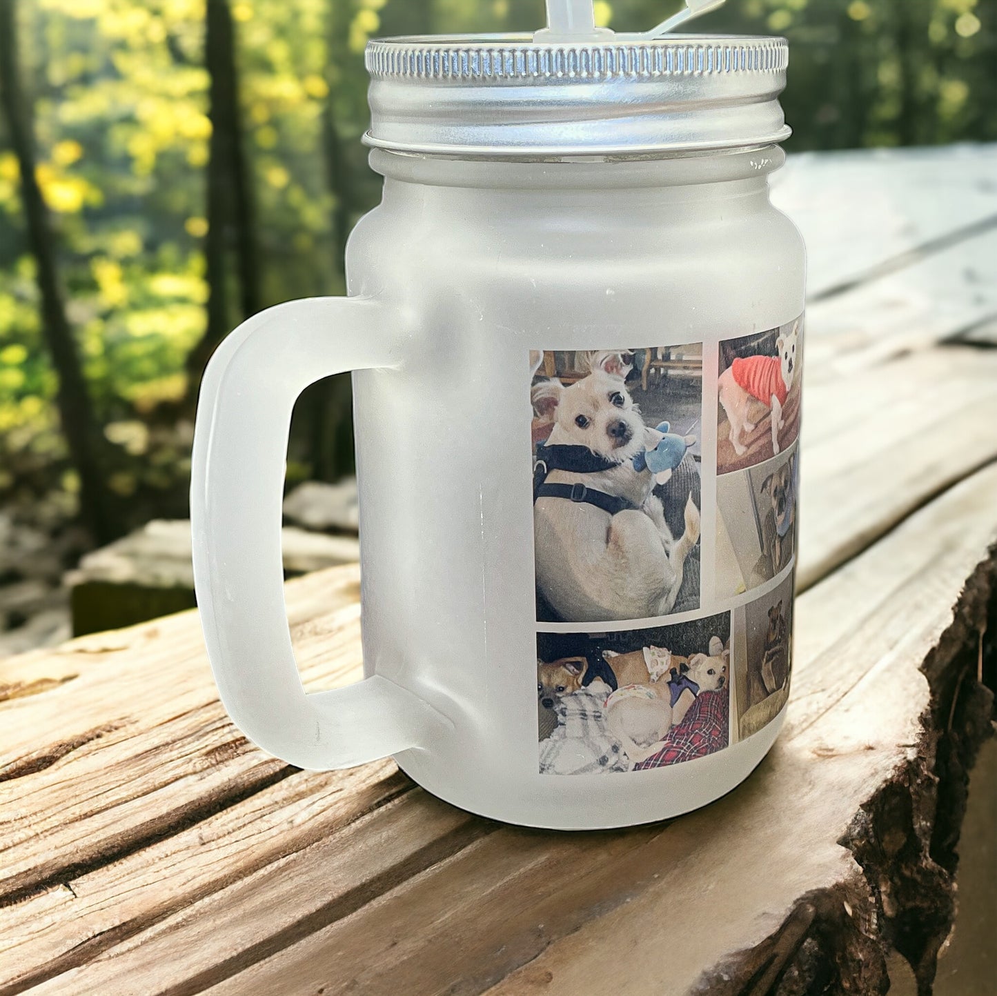 Custom Photo Collage 12oz Frosted Glass Mason Jar with Lid and Straw