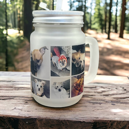 Custom Photo Collage 12oz Frosted Glass Mason Jar with Lid and Straw