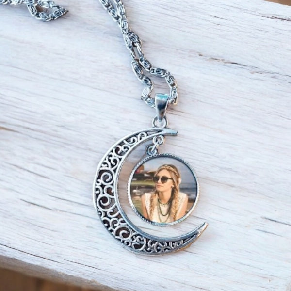 Custom Silver Moon Necklace with Your Photo Added