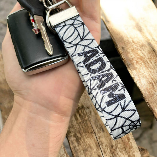 Custom Spiderwebs Halloween Nylon Keychain Wristlet - Personalized Spooky Season Accessory with Grungy Font Text for Keys, Backpacks, or Purses