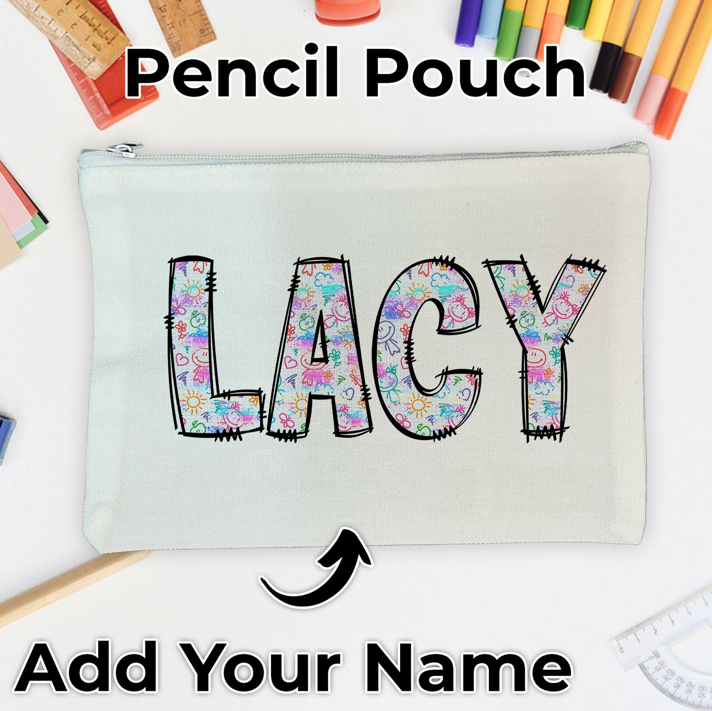 Custom Stick Figure Drawings Letters - Add Your Name Pencil Pouch for School Supplies