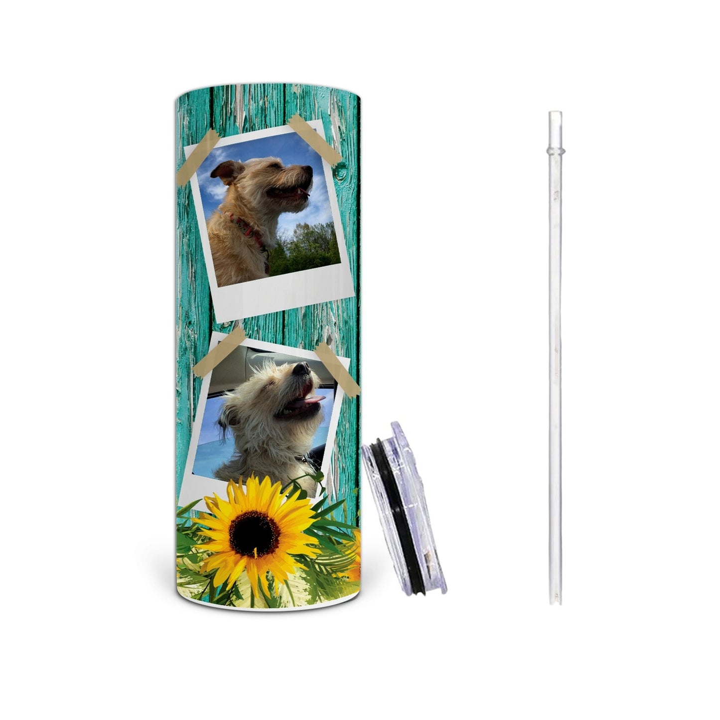 Custom Teal Wood and Sunflower Personalized Photo Collage Tumbler