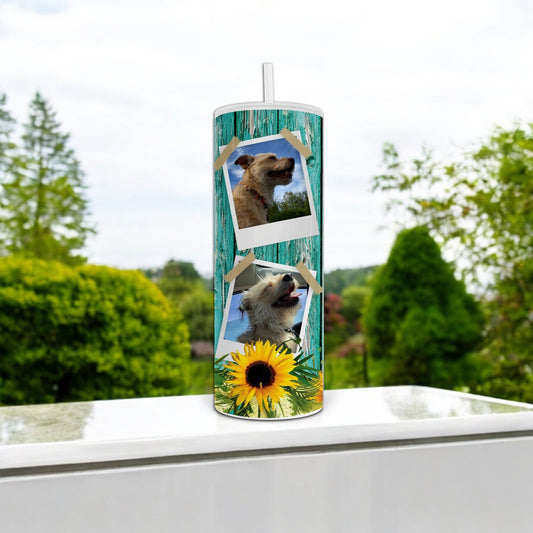 Custom Teal Wood and Sunflower Personalized Photo Collage Tumbler