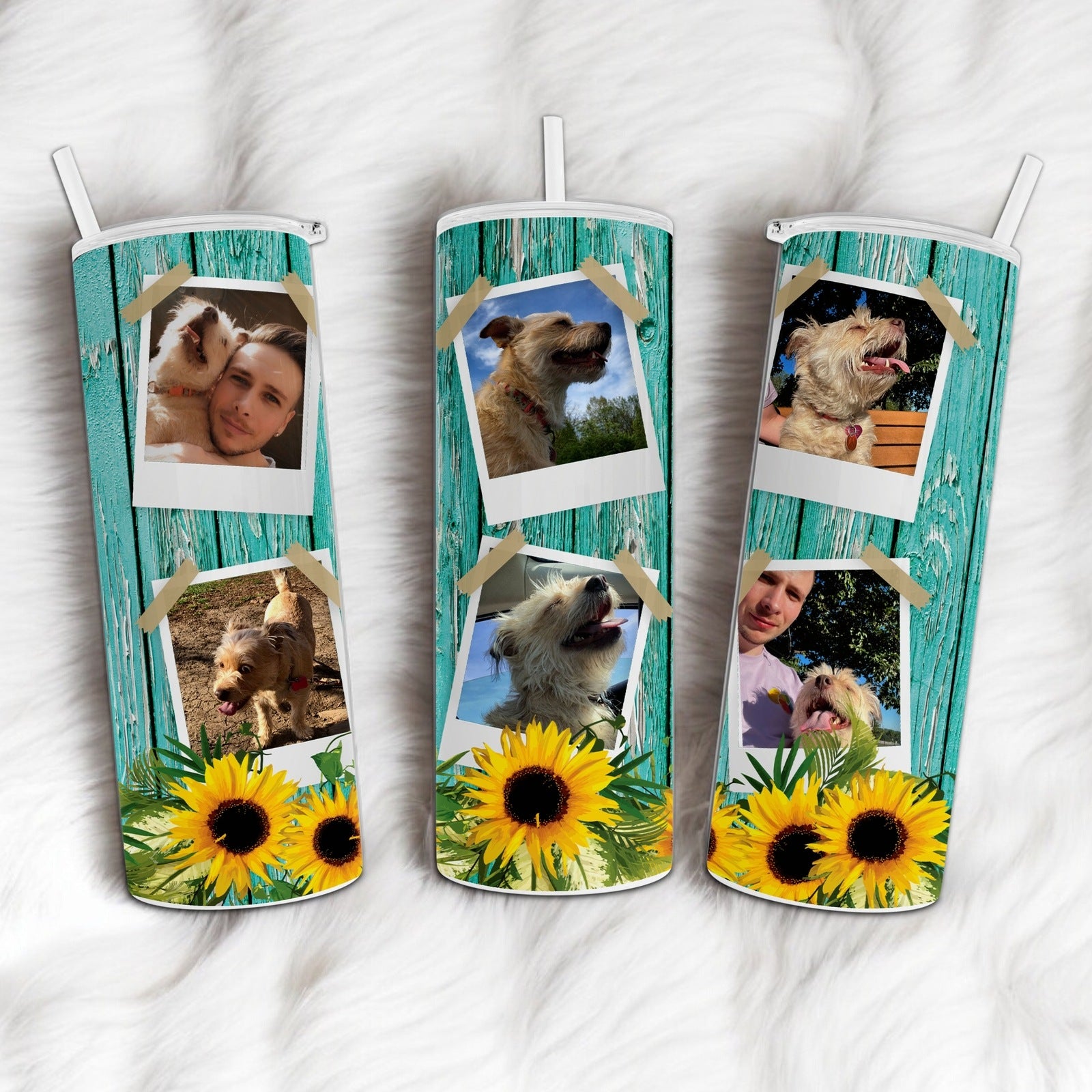 Custom Teal Wood and Sunflower Personalized Photo Collage Tumbler