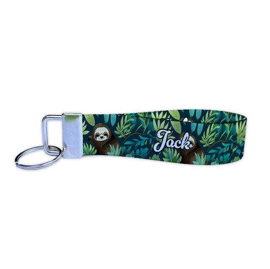 Custom Text Sloth Rainforest Design Nylon Key Fob Keychain - Personalized with Your Name or Message