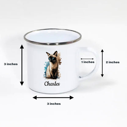 Custom Watercolor Cat Breed 12oz Enamel Mug with Personalized Pet Name - Unique Gift for Cat Lovers