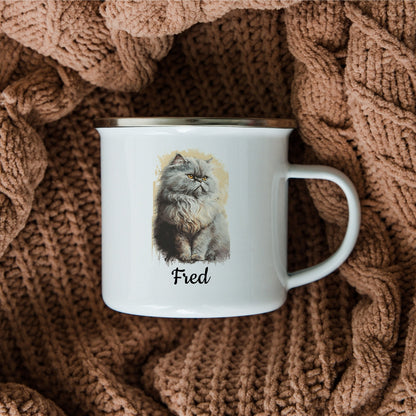 Custom Watercolor Cat Breed 12oz Enamel Mug with Personalized Pet Name - Unique Gift for Cat Lovers