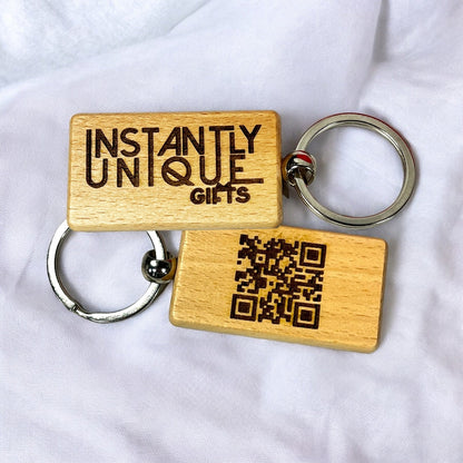 Custom Wooden Engraved Keychain with Business Logo and QR Code - Promotional Rectangular Keychains for Marketing - Bulk Discounts and Wholesale Options Available - Perfect for Trade Shows and Events