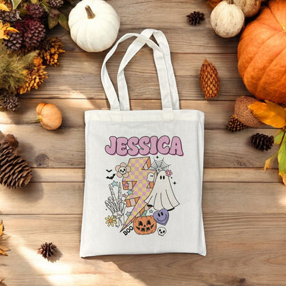 Customizable Groovy Trick or Treat Bag with Retro Lightning Bolt and Ghost Design | Personalized Small Tote Bags for Halloween