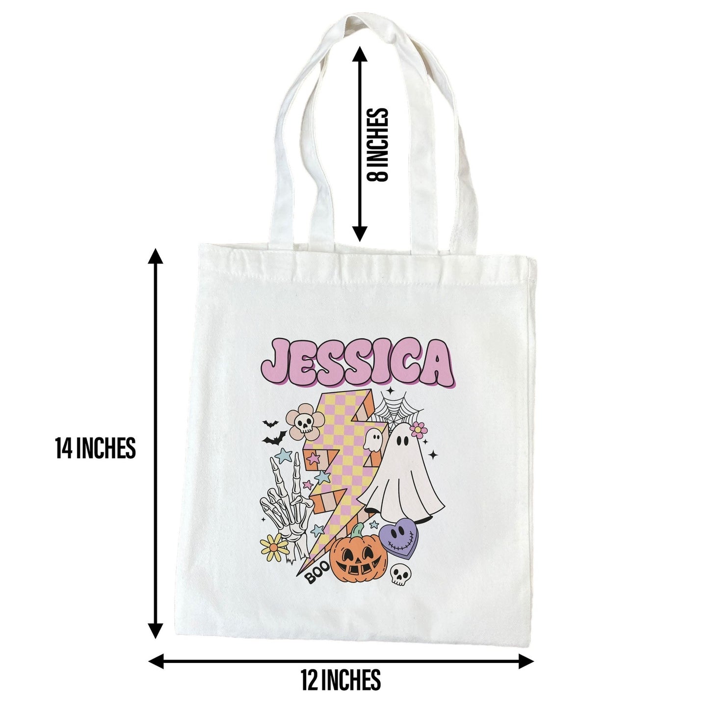 Customizable Groovy Trick or Treat Bag with Retro Lightning Bolt and Ghost Design | Personalized Small Tote Bags for Halloween