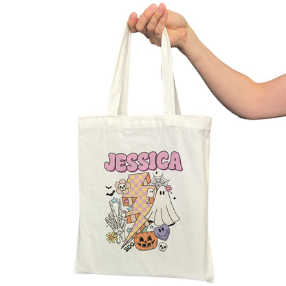 Customizable Groovy Trick or Treat Bag with Retro Lightning Bolt and Ghost Design | Personalized Small Tote Bags for Halloween