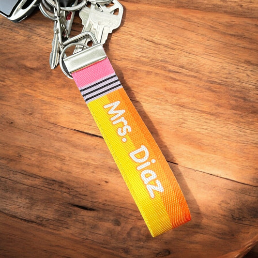 Customizable Pencil Design Nylon Wristlet Keychain for Teachers and Educators - Personalized Text on Both Sides