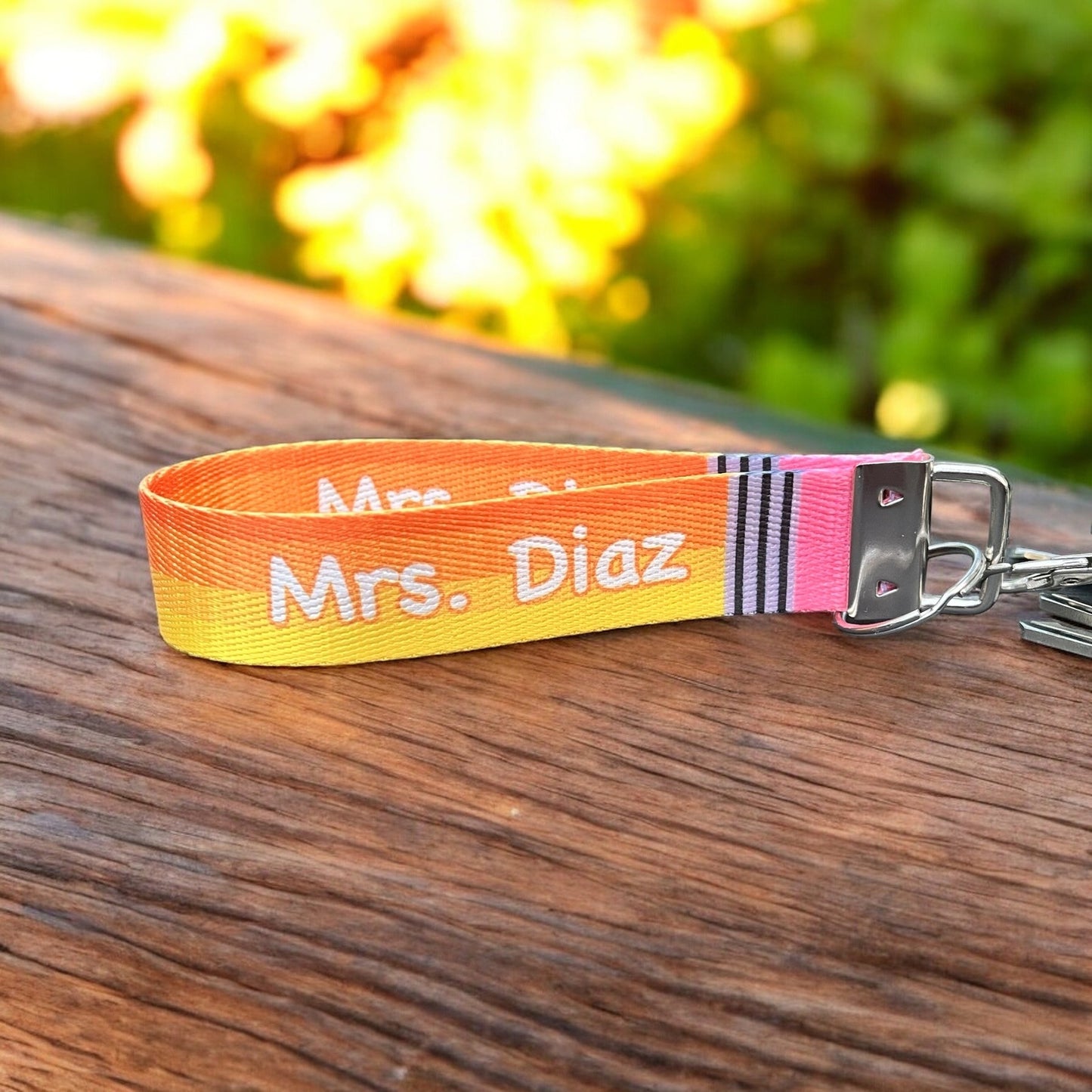 Customizable Pencil Design Nylon Wristlet Keychain for Teachers and Educators - Personalized Text on Both Sides