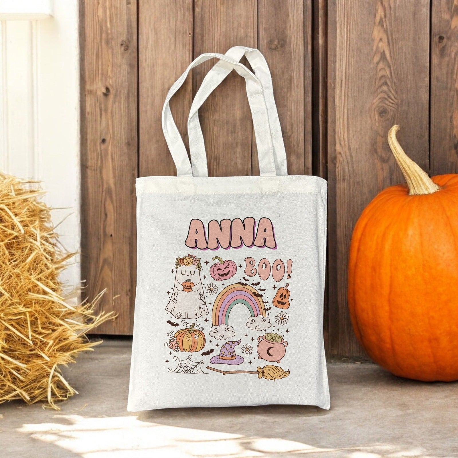 Customizable Retro Pastel Halloween Trick or Treat Small Tote Bag | Pumpkin and Ghost Design with Personalized Name