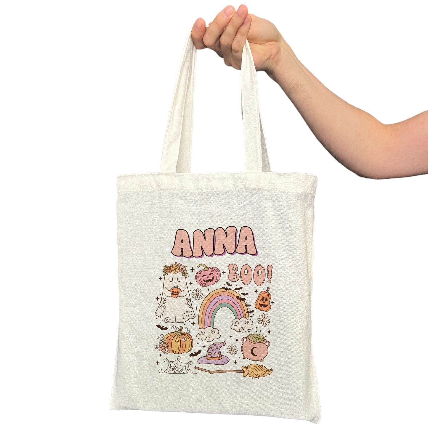 Customizable Retro Pastel Halloween Trick or Treat Small Tote Bag | Pumpkin and Ghost Design with Personalized Name