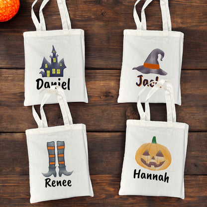 Customizable Small Tote Bags for Trick or Treating | Watercolor Witch Legs Halloween Designs with Personalized Name