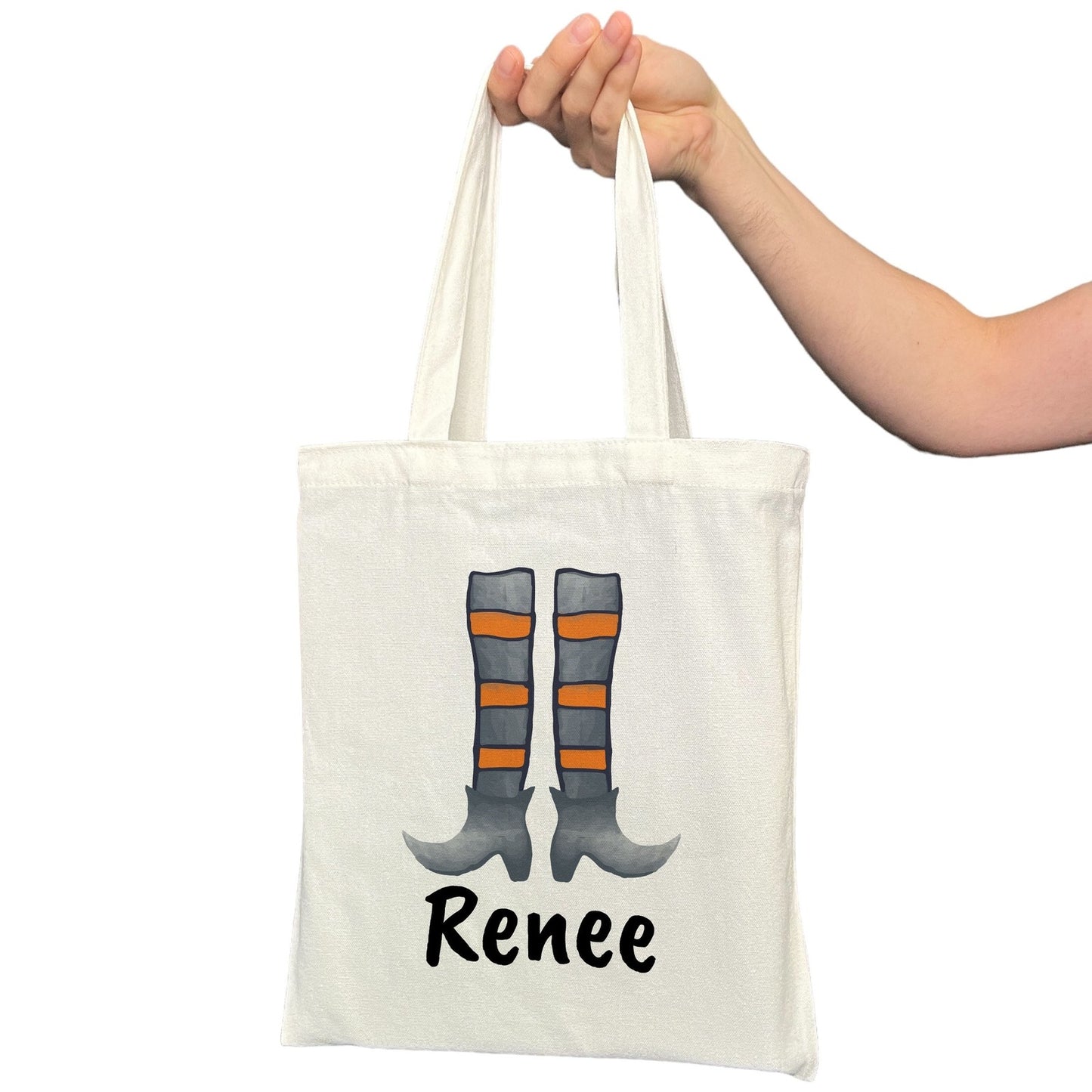 Customizable Small Tote Bags for Trick or Treating | Watercolor Witch Legs Halloween Designs with Personalized Name