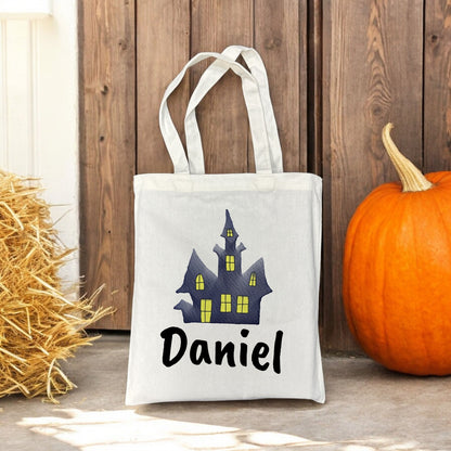 Customizable Small Tote Bags for Trick or Treating | Watercolor Haunted House Halloween Designs with Personalized Name