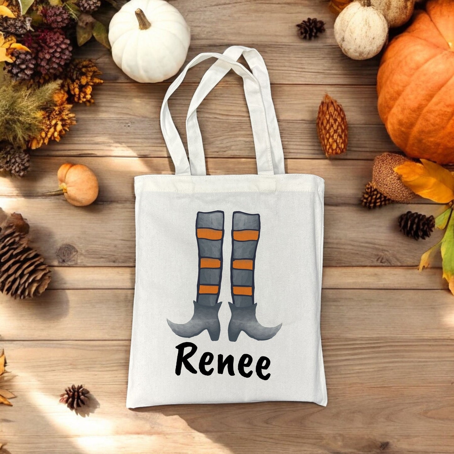 Customizable Small Tote Bags for Trick or Treating | Watercolor Witch Legs Halloween Designs with Personalized Name