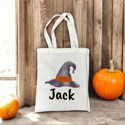 Customizable Small Tote Bags for Trick or Treating | Watercolor Witch Legs Halloween Designs with Personalized Name