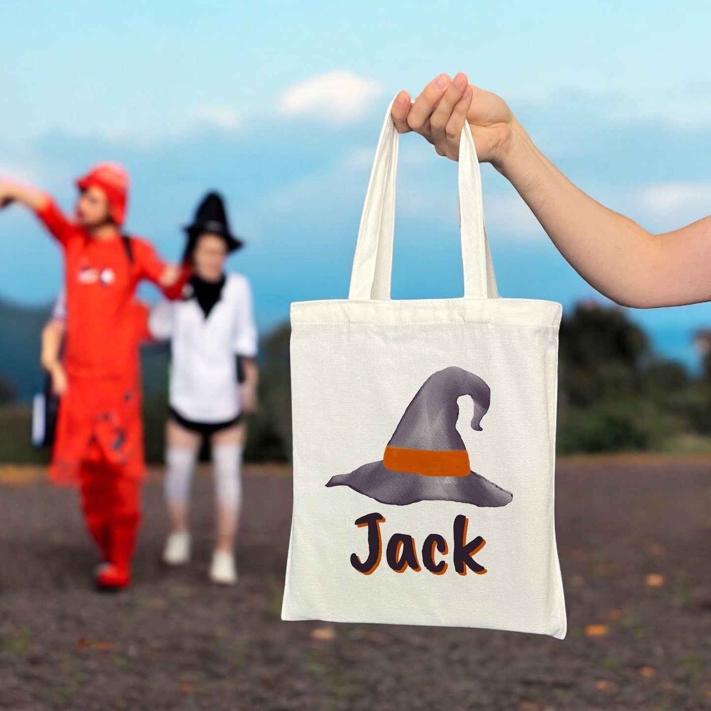 Customizable Small Tote Bags for Trick or Treating | Watercolor Witch Legs Halloween Designs with Personalized Name