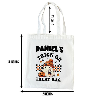 Customizable Trick or Treat Tote Bag | Cute Ghost with Beanie and Pumpkin Design with Personalized Name