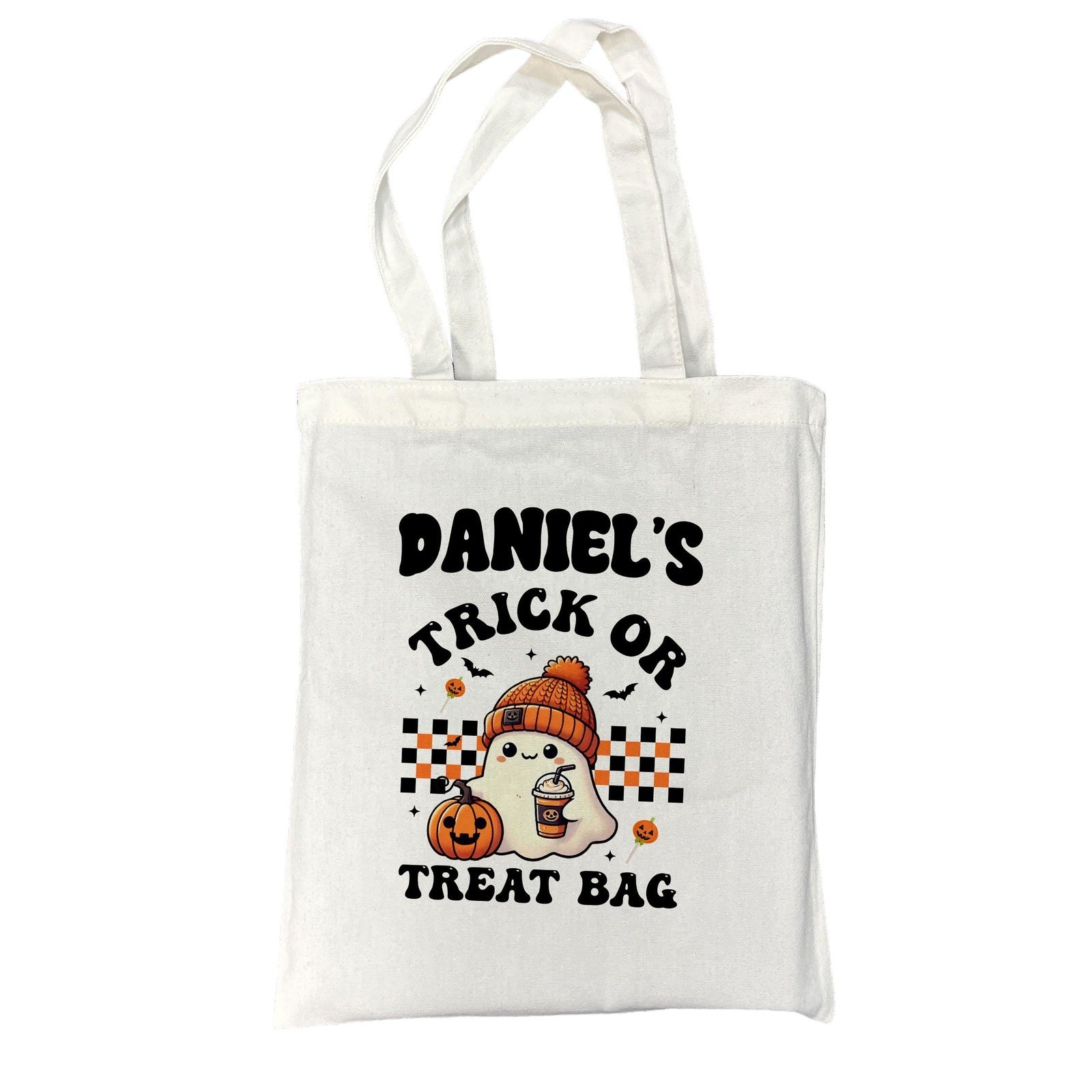 Customizable Trick or Treat Tote Bag | Cute Ghost with Beanie and Pumpkin Design with Personalized Name