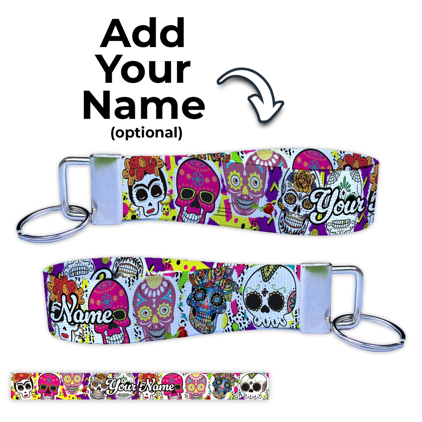 Day of the Dead Dia de los Muertos Personalizable Name Nylon Key Fob - Custom Wristlet Keychain Personalizable Name Nylon Key Fob - Custom Wristlet Keychain