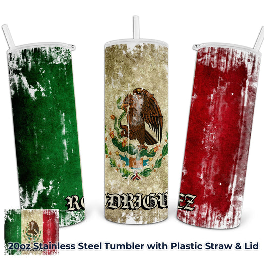Distressed Mexican Flag Design with Your Name optional - 20oz Stainless Steel Tumbler with Lid and Straw