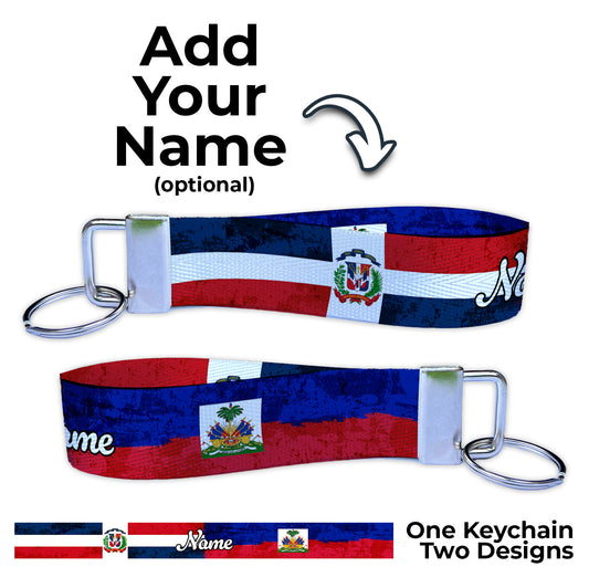 Dominican Haiti Artistic Flag Ryan's Version Personalized Name Nylon Key Fob - Custom Wristlet Keychain