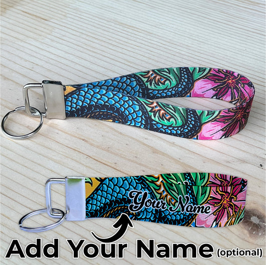 Dragons and Flowers Personalized Name Nylon Key Fob - Custom Wristlet Keychain