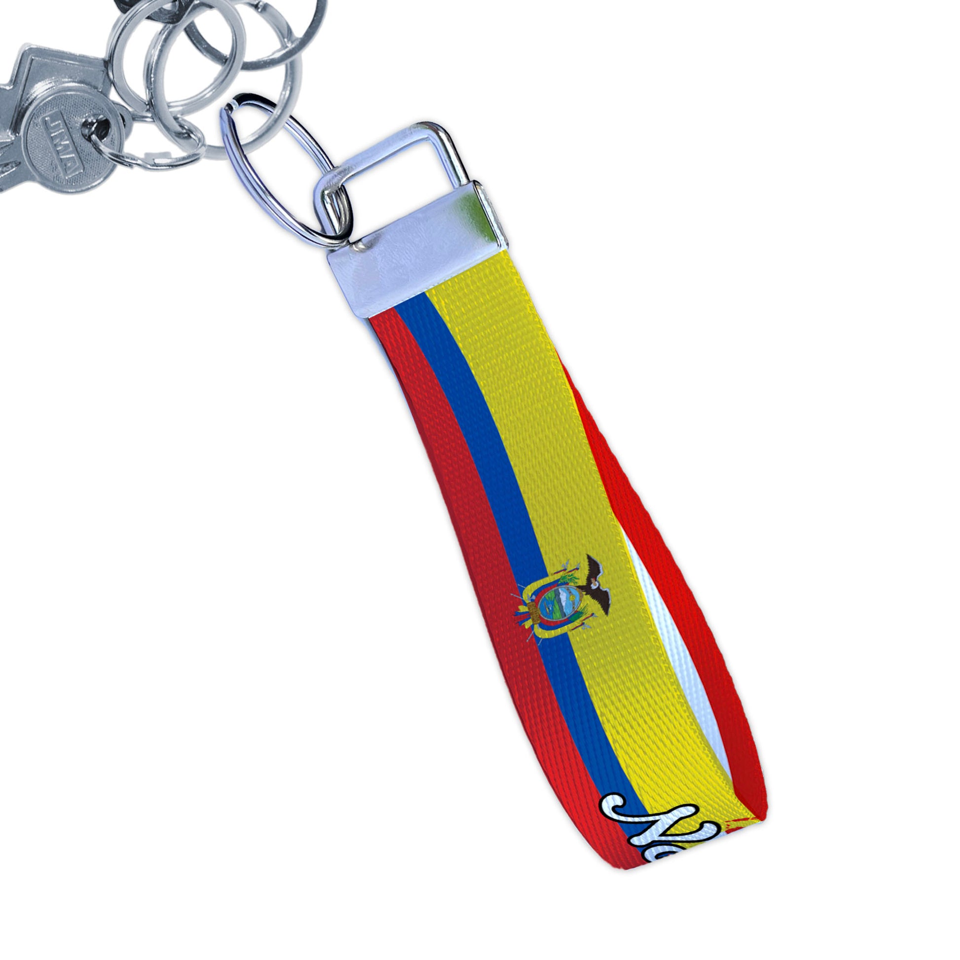 Ecuador Puerto Rican Double Country Personalized Name Nylon Key Fob - Custom Puerto Rico and Ecuador Flag Wristlet Keychain