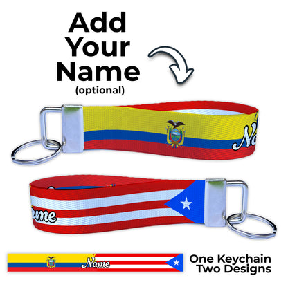 Ecuador Puerto Rican Double Country Personalized Name Nylon Key Fob - Custom Wristlet Keychain