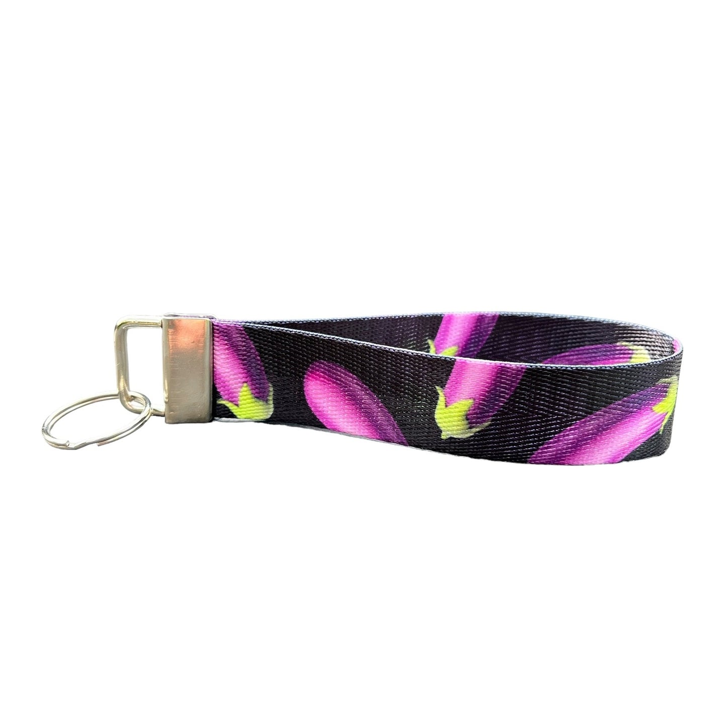 Eggplant Themed Nylon Keychain Wristlet with Black Background - Durable Fun Wristlet Key Fob for Keys, Bags, and Accessories