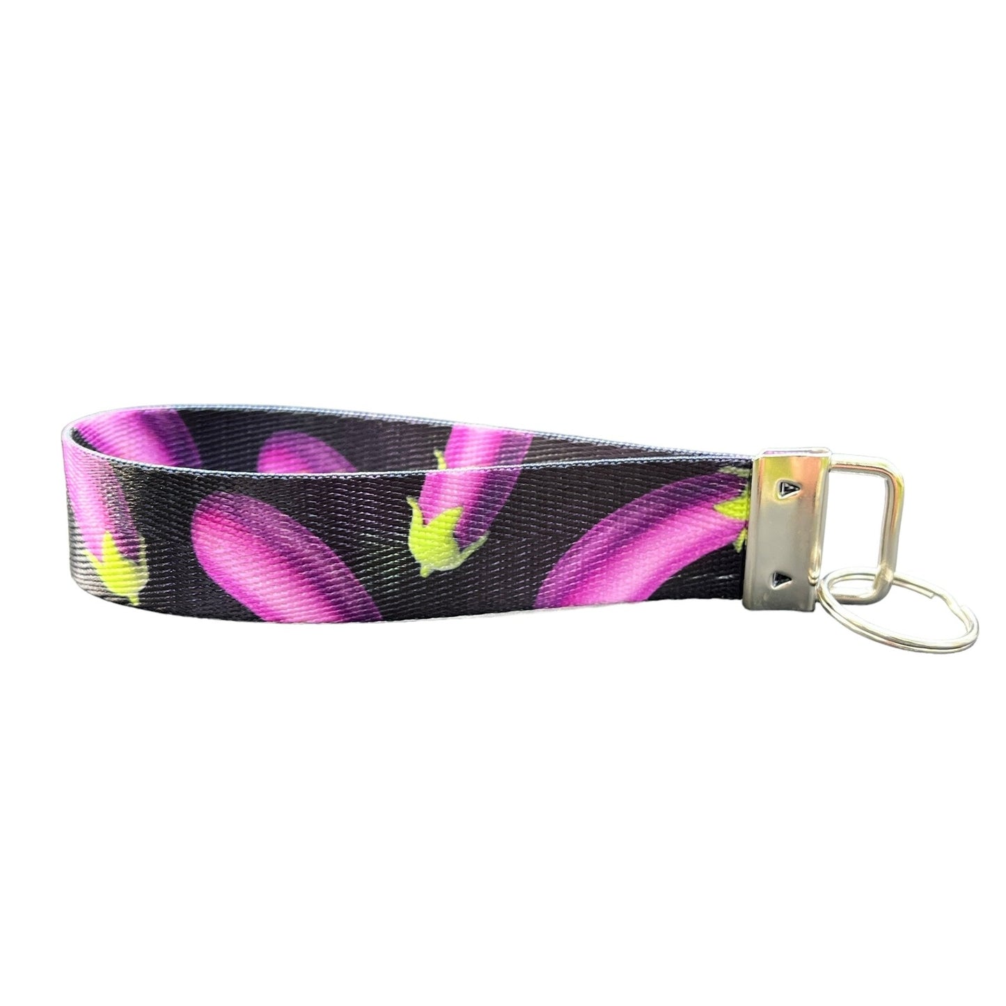 Eggplant Themed Nylon Keychain Wristlet with Black Background - Durable Fun Wristlet Key Fob for Keys, Bags, and Accessories