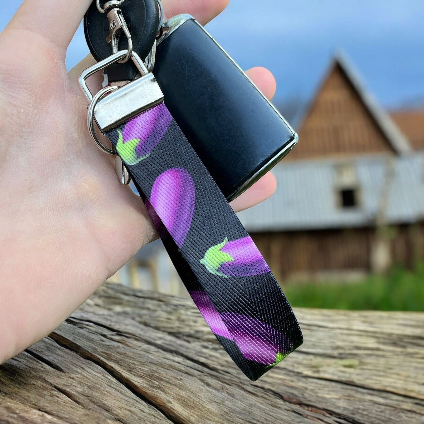 Eggplant Themed Nylon Keychain Wristlet with Black Background - Durable Fun Wristlet Key Fob for Keys, Bags, and Accessories