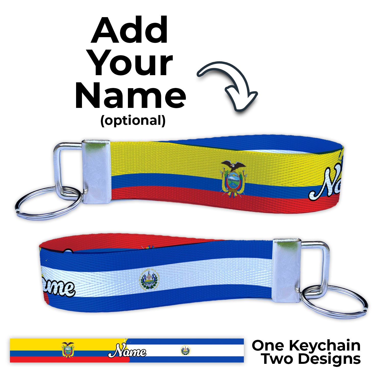 Ecuador El Salvador Double Country Personalized Name Nylon Key Fob - Custom Wristlet Keychain