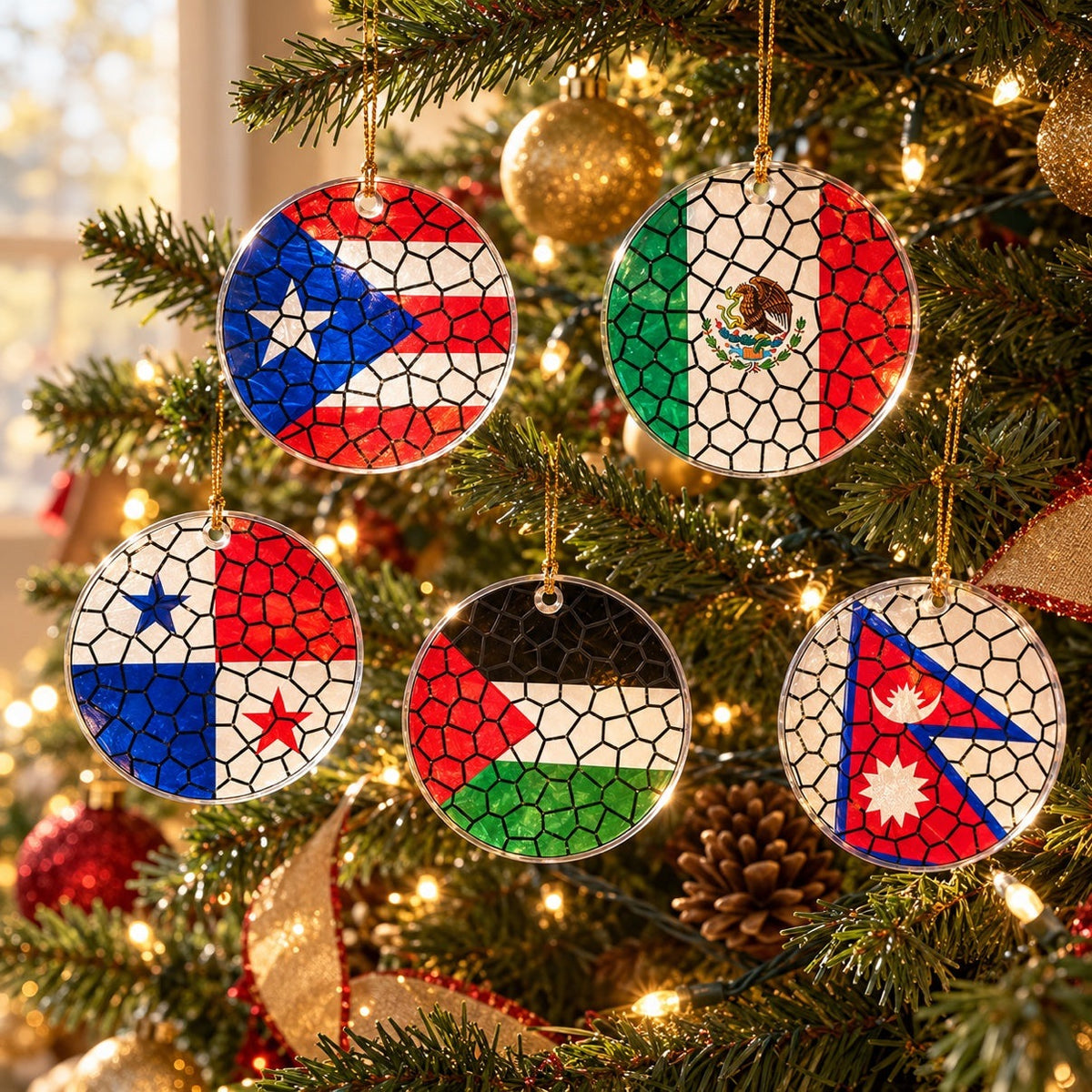 Stained Glass Effect Flag Ornament – Real Glass World Flag Christmas Ornament
