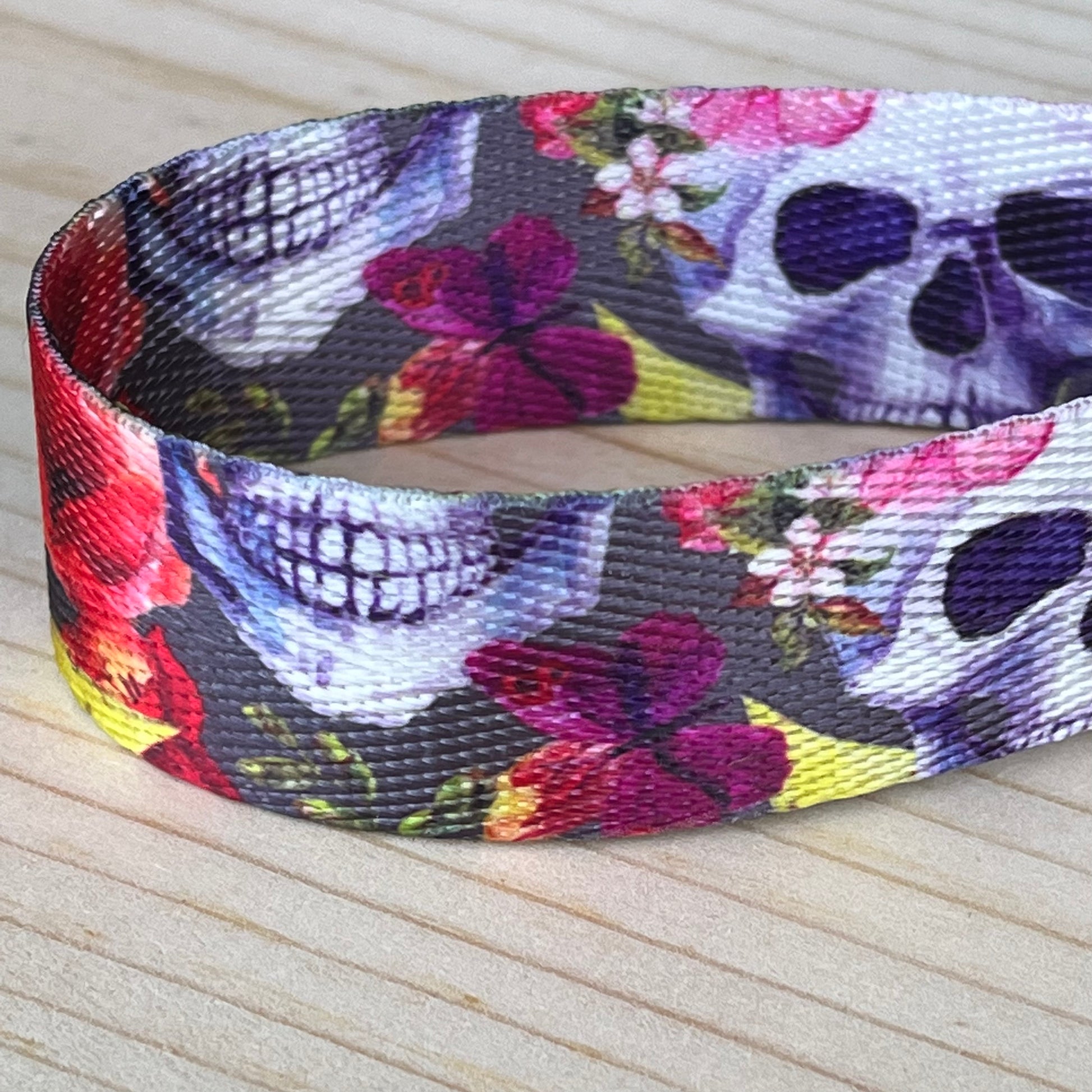 Floral and Skulls Personalized Name Nylon Key Fob - Custom Wristlet Keychain