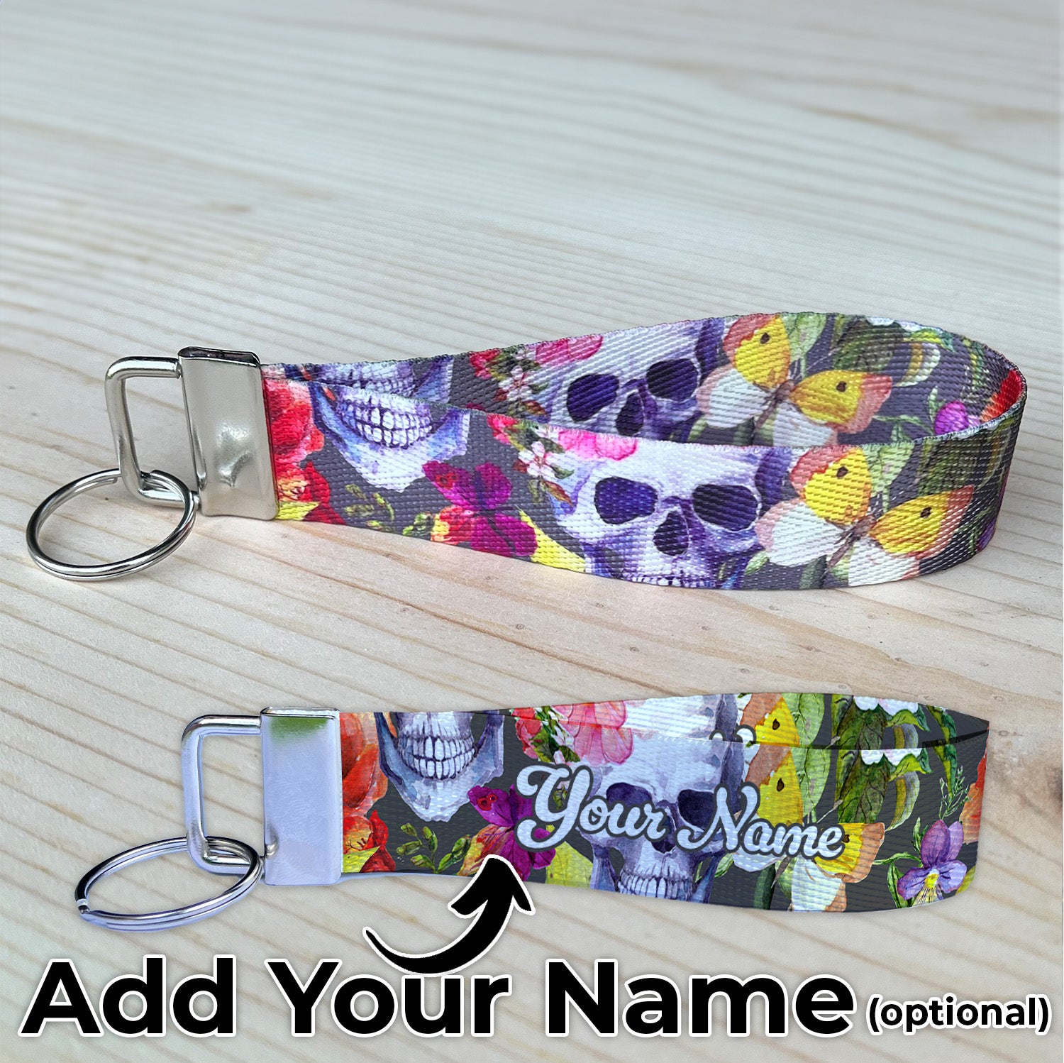 Floral and Skulls Personalized Name Nylon Key Fob - Custom Wristlet Keychain