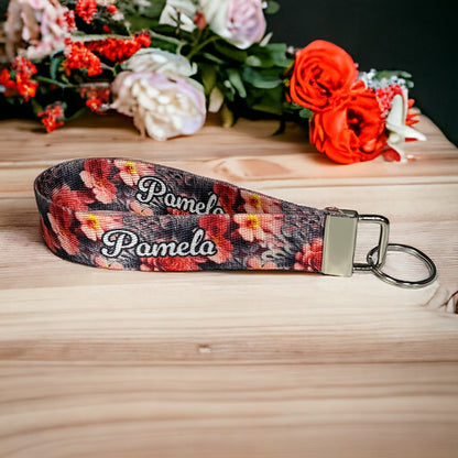 3D Floral Print Personalized Name Nylon Key Fob - Custom Wristlet Keychain
