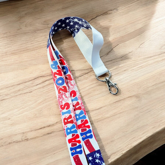 Harris 2024 American USA Flag Design Long Lanyard Keychain Badge Holder, Red White and Blue Durable Wristlet Key Fob, Keyring Tag