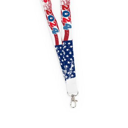 Harris 2024 American USA Flag Design Long Lanyard Keychain Badge Holder, Red White and Blue Durable Wristlet Key Fob, Keyring Tag