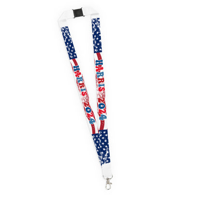 Harris 2024 American USA Flag Design Long Lanyard Keychain Badge Holder, Red White and Blue Durable Wristlet Key Fob, Keyring Tag