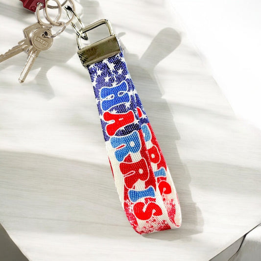 Harris 2024 American USA Flag Design Nylon Keychain, Red White and Blue Durable Wristlet Key Fob, Keyring Tag