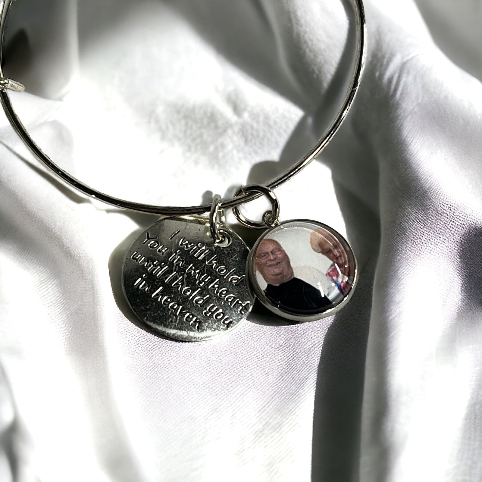 Heaven Quote Memorial Charm Adjustable Silver Bracelet with Personalized Photo Charm