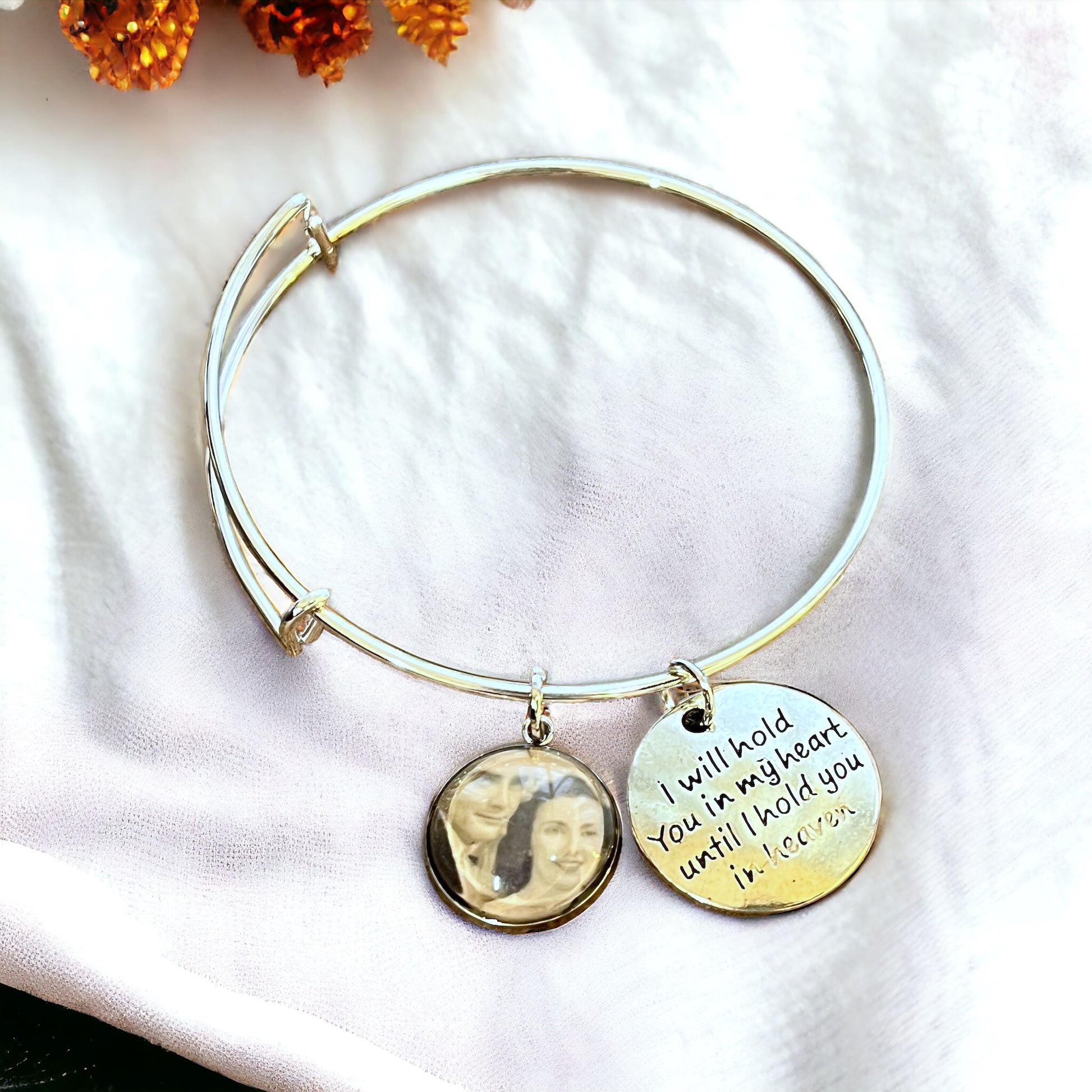 Heaven Quote Memorial Charm Adjustable Silver Bracelet with Personalized Photo Charm