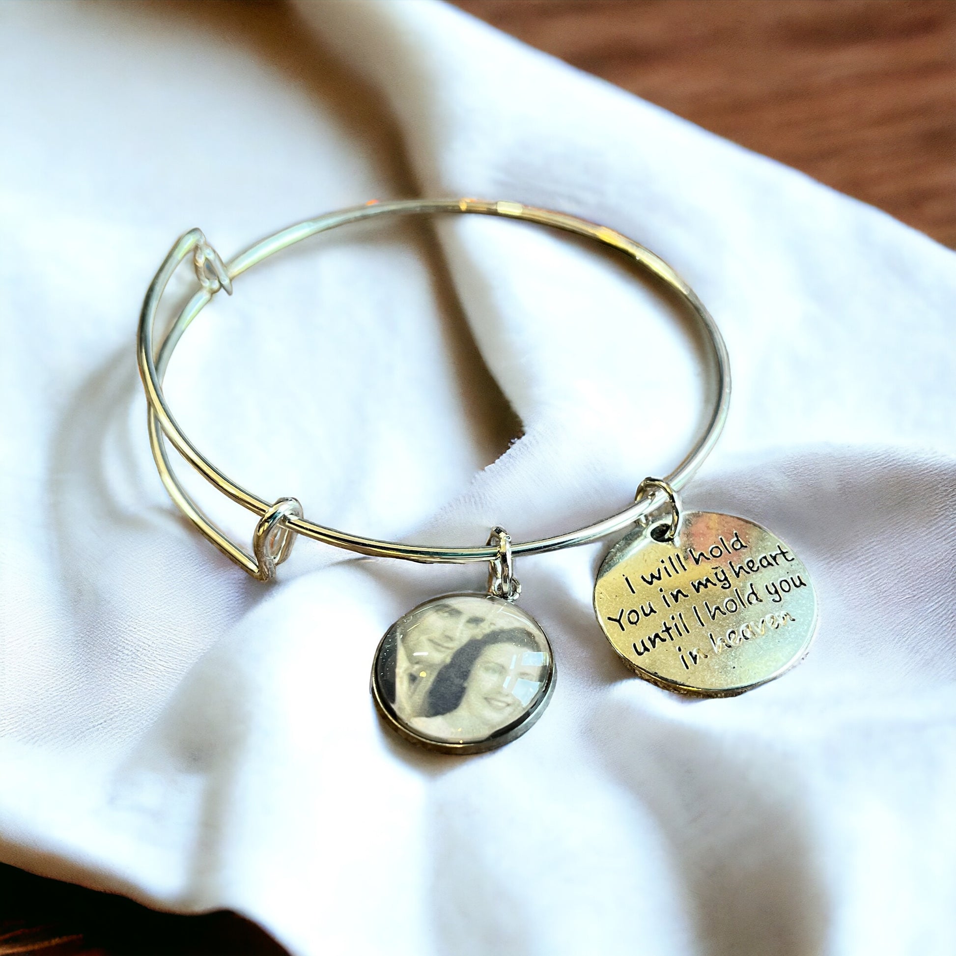 Heaven Quote Memorial Charm Adjustable Silver Bracelet with Personalized Photo Charm