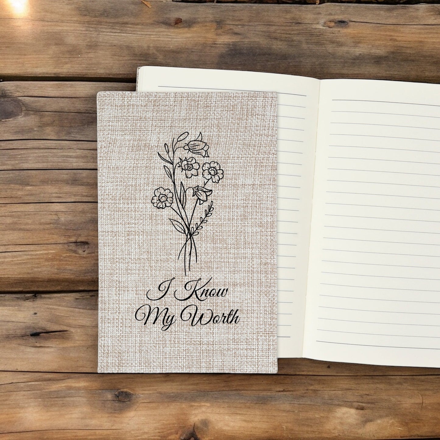 I Know My Worth - Affirmation Quote Burlap Notebook Journal with Lined Pages