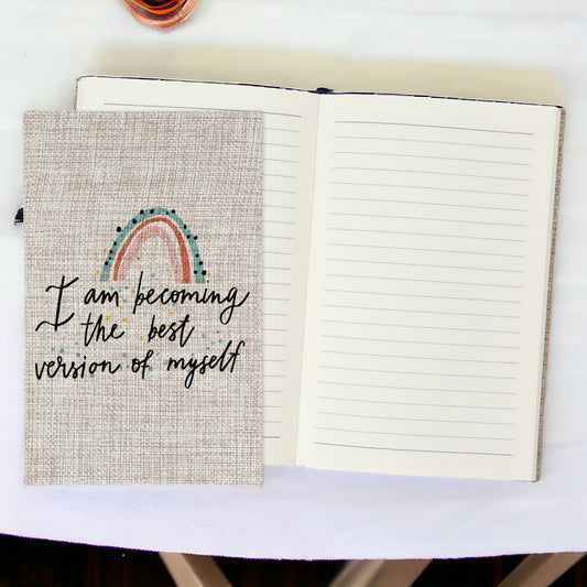 I am Becoming The Best Version of Myself - Affirmation Quote Burlap Notebook Journal with Lined Pages